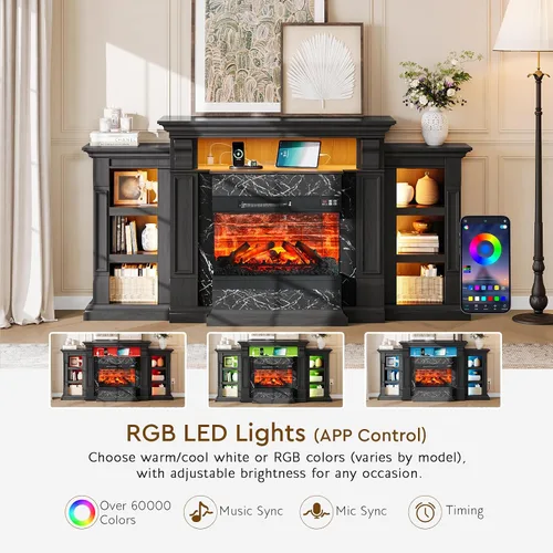 Vista 4 de LGHM Soporte de TV con chimenea eléctrica LED con tomacorriente, mantel de chimenea de 72 pulgadas para televisores de hasta 80 pulgadas, moderno