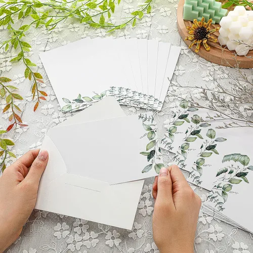 Vista 4 de Juego de 100 cartulina verde con sobres de 4 x 6 pulgadas, tarjetas de felicitación decorativas de flores en acuarela con hojas verdes para boda