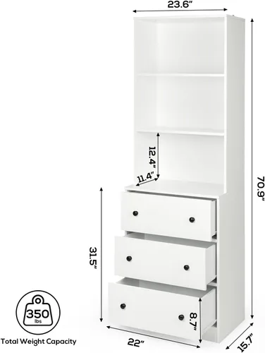 Vista 2 de VOWNER Archivador vertical, estantería moderna de 3 niveles con 3 cajones grandes, archivador de madera con estante de almacenamiento abierto