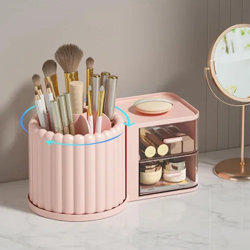 Vista 2 de Organizador de Maquillaje para Encimera, Soporte Giratorio 360° para Brochas de Maquillaje con 2 Cajones, Pequeño Organizador Preppy 9.25x5.11
