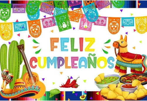 Vista 3 de Telón de fondo de feliz cumpleaños de 7 x 5 pies, decoración de fiesta mexicana, fiesta de feliz cumpleaños, festival del Cinco de Mayo, cartel