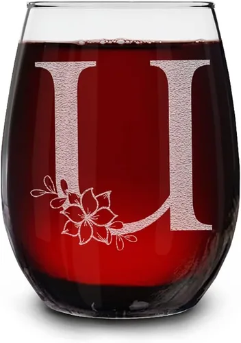 Vista 24 de Copa de vino sin tallo, con monograma floral, grabada con láser, 15 onzas, regalo inicial personalizado para ella (B)