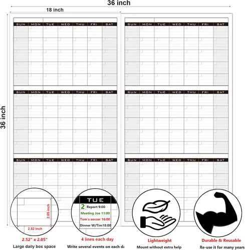 Vista 5 de Calendario grande de borrado en seco para pared, calendario de pared laminado gigante de 3 meses, planificador mensual de pizarra blanca grande
