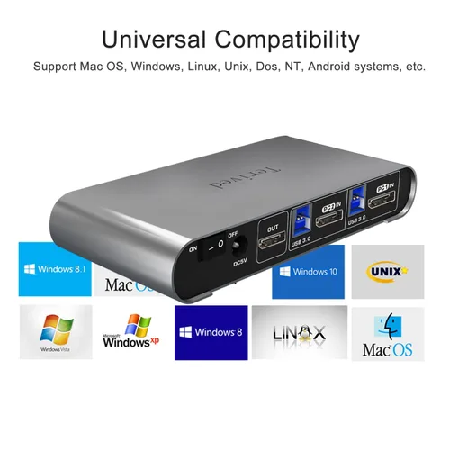 Vista 7 de interruptor KVM automático de 2 puertos DP USB 3.0 para dos computadoras y 1 monitor DisplayPort, 8K@30Hz 4K@144Hz, interruptor con tecla de acceso