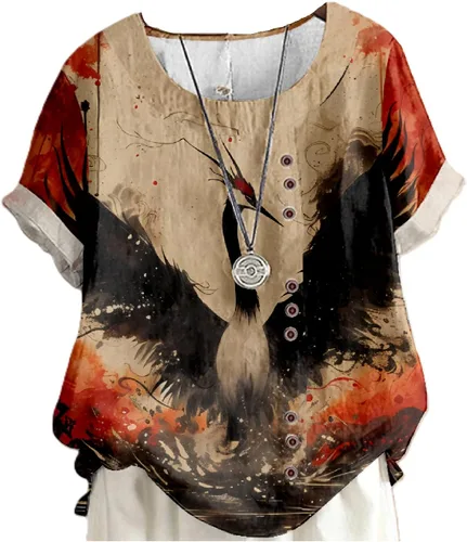Vista 31 de domirica Flower Bird Printed Loose Boho Shirts Women Plus Size Summer Crew Neck Short Sleeve Blouses Colorido