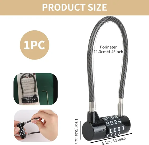 Vista 2 de Cerraduras de cable de 4 dígitos con combinación, bloqueo de cable de acero con código reajustable para muebles de patio, recortadoras de malezas