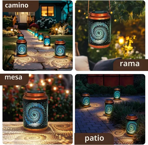 Vista 5 de Linternas solares para colgar al aire libre, linterna LED impermeable de metal con energía solar, decoración de patio, linterna con asa, idea
