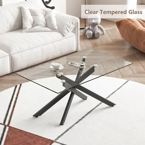 Vista 4 de Mesa de centro de cristal para sala de estar, moderna rectangular con parte superior de vidrio templado transparente y patas de metal, mesas de Negro