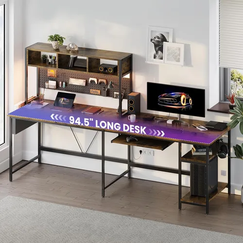 Vista 2 de DUMOS Escritorio para juegos en forma de L de 67 pulgadas, escritorio reversible para computadora con luces LED, mesa esquinera con bandeja