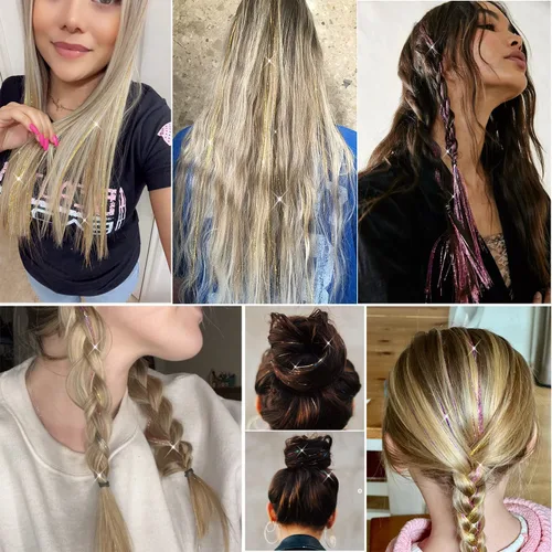 Vista 7 de Kit de oropel de cabello con clip, 23.6 pulgadas, oropel dorado resistente al calor, extensiones de cabello de hada con clip, accesorios