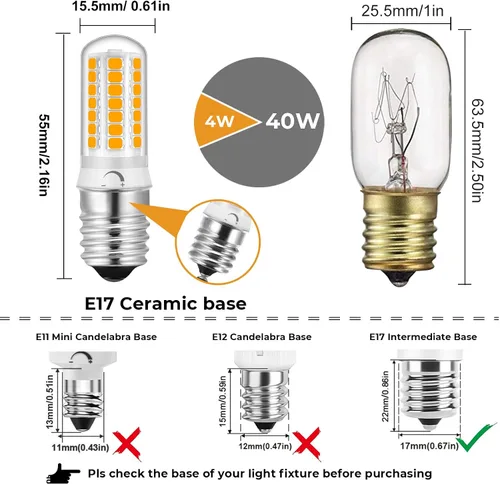 Vista 3 de Bombilla LED regulable E17 para microondas, 110-130 V, repuesto de 4 W, equivalente a halógeno de 40 vatios, blanco cálido suave de 3000 K, apto E17