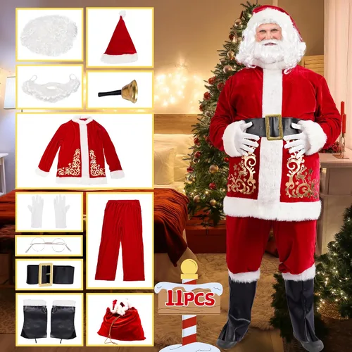 Vista 5 de Disfraz de Papá Noel para hombres y adultos, traje de Papá Noel, 11 piezas, traje de terciopelo rojo de lujo, juego de fiesta de Navidad