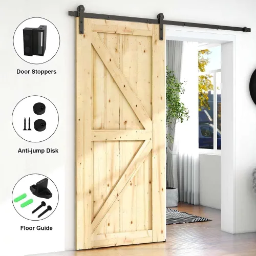 Vista 5 de Kit de herrajes para puerta corrediza de granero de 4 pies, puerta de madera individual, silencioso y fácil de instalar, se adapta a paneles de 24
