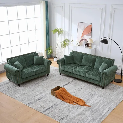 Vista 4 de Juego de sofá moderno y sofá biplaza Chesterfield de chenilla de lujo, cómodo juego de sofá tapizado con asiento profundo con reposabrazos Verde