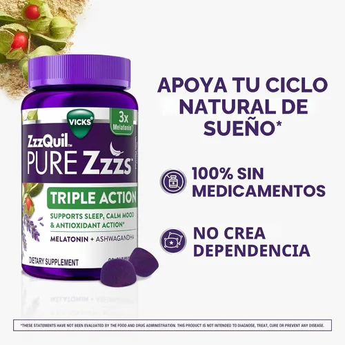 Vista 3 de ZzzQuil PURE Zzzs Triple Acción, Gomitas de Melatonina, Melatonina 6mg, 3X Melatonina, Ayuda para Dormir con Ashwagandha, Tranquilidad, Acción
