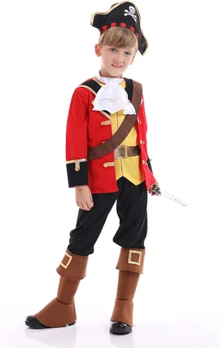 Vista 6 de Funivals Disfraz de pirata de lujo para niños, juego de rol de capitán de siete mares para fiesta de Halloween
