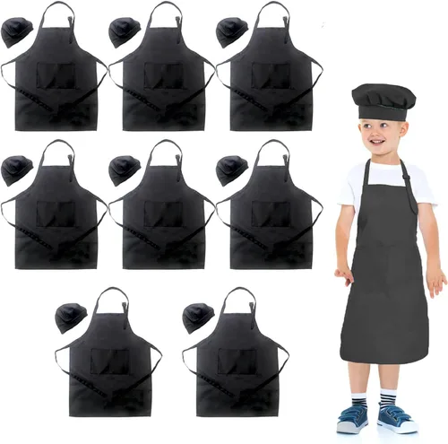 Vista 9 de Toal - Juego de 8 delantales y sombrero de chef, delantales de cocina para niños, coloridos delantales ajustables con 2 bolsillos para niñas, niños