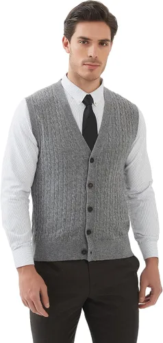Vista 9 de Kallspin Suéter de punto trenzado para hombre, chaleco de mezcla de lana, cuello en V, con botones, sin mangas