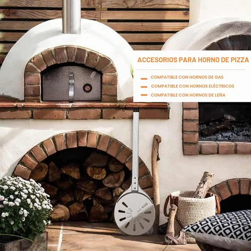 Vista 5 de Cáscara giratoria de pizza, 8 pulgadas, mango largo perforado de aluminio con gancho de silicona, accesorios para horno de pizza