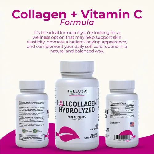 Vista 9 de Hallusa Natural Cápsulas de colágeno hidrolizado de 1000 mg con vitamina C - Suplemento antienvejecimiento para piel, cabello, uñas y articulaciones