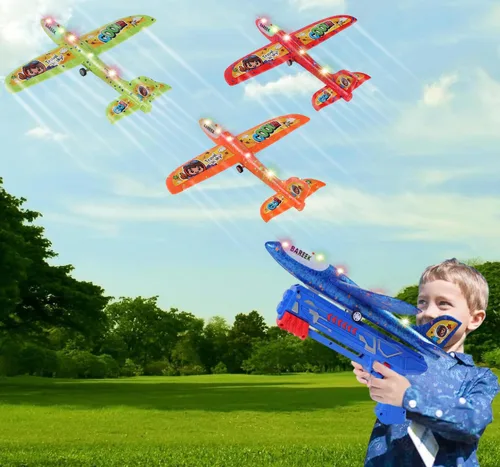 Vista 12 de Paquete de 3 lanzadores de aviones de juguete para niños, planeador de espuma ligera LED con lanzador de avión para jugar al aire libre, juguete