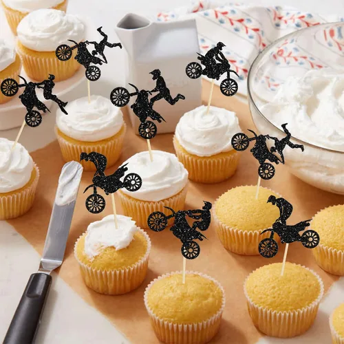 Vista 6 de Gyufise 24 piezas de adornos para cupcakes de motocicleta con purpurina negra para motocross, fiesta de motocross, para deportes, tema de motocross