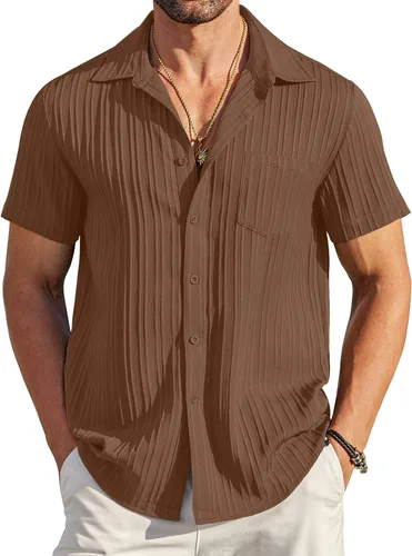 Vista 44 de COOFANDY - Camisas de botones casuales para hombre, de manga corta, con textura, camisa de playa de verano con bolsillo