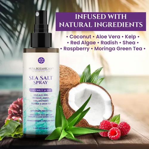 Vista 3 de Spray texturizante para el cabello con sal marina de coco con aceite de ricino, aloe vera, algas rojas, algas rojas, algas marinas, frambuesa y té