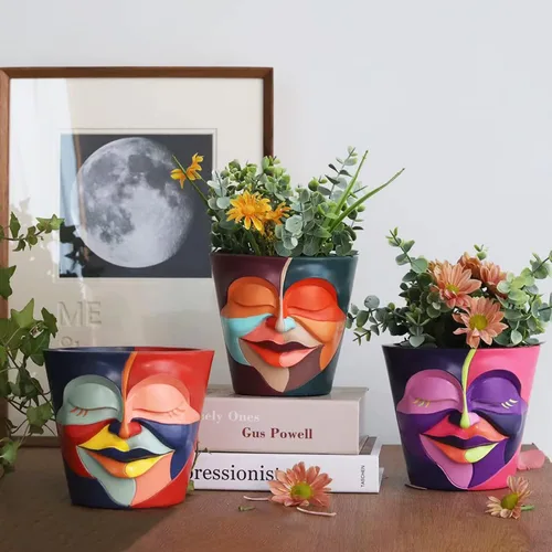 Vista 6 de GUGUGO - Maceta con drenaje y diseño de cara abstracta con colores arcoíris para plantas de interior y exterior, decoración divertida
