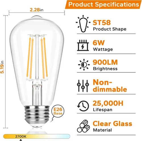Vista 3 de TOBUSA Bombillas LED Edison vintage equivalentes a 60 W, bombillas LED superbrillantes de 900 lúmenes, bombillas de filamento LED antiguas ST58 de 6