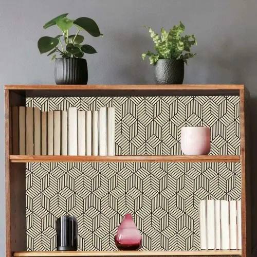 Vista 3 de Papel de contacto decorativo con diseño geométrico dorado y beige, papel de contacto decorativo extraíble para estantes y cajones, película