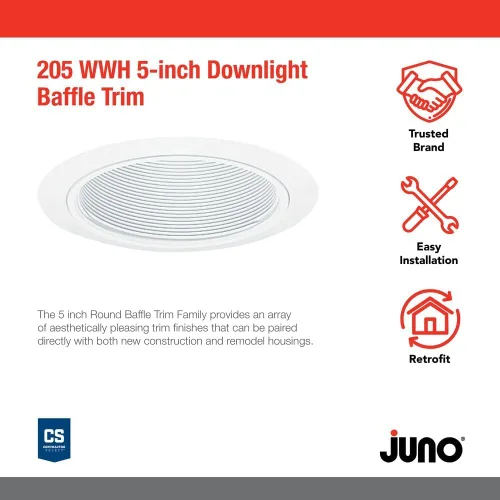 Vista 2 de Juno Lighting 205W-WH - Lámpara empotrable de 5 pulgadas, deflector de luz empotrada, color blanco con ribete blanco