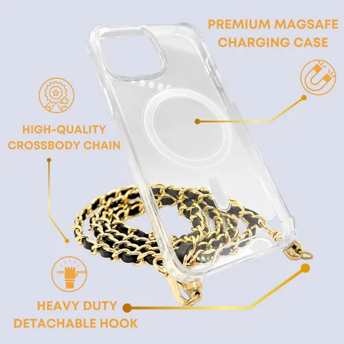 Vista 4 de Aporia - iPhone 12 Pro - Funda MagSafe transparente con cadena cruzada Gancho integrado y correa de hombro negra y dorada Compatible con carga