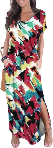 Vista 16 de GRECERELLE - Vestido largo para mujer, holgado, con bolsillos, manga corta y abertura lateral, estilo informal Verde militar