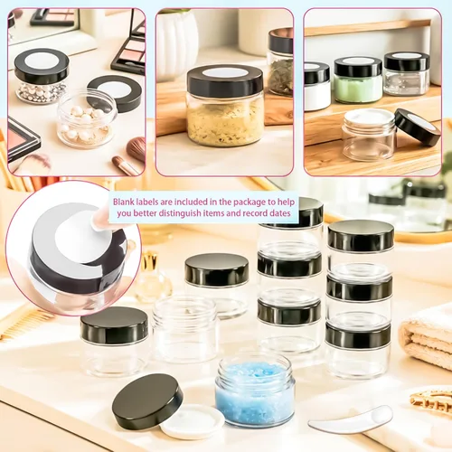 Vista 6 de Paquete de 15 tarros de plástico redondos transparentes de 1 onza con tapas, frascos pequeños para cosméticos de 1 fl oz, recipientes de maquillaje