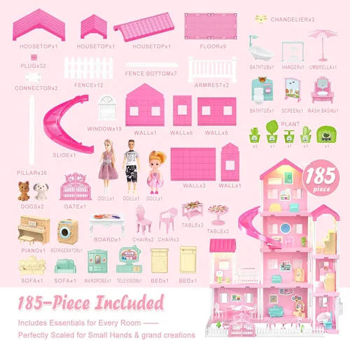 Vista 3 de Juego de casa de muñecas de ensueño para niñas, casa de muñecas de princesa con 4 pisos, 10 áreas, 2 muñecas, luces, mascotas, muebles y accesorios