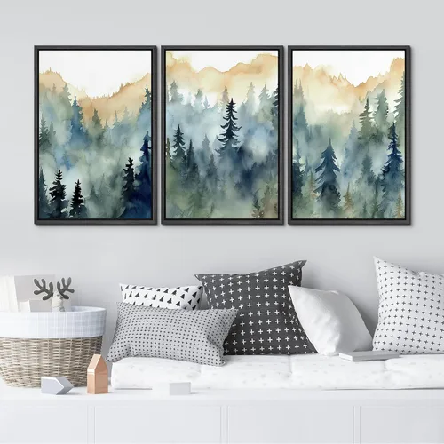 Vista 3 de MUDECOR Lienzo enmarcado para pared, juego de arte de acuarela pastel, bosque de pinos, naturaleza silvestre, ilustraciones modernas, decorativas