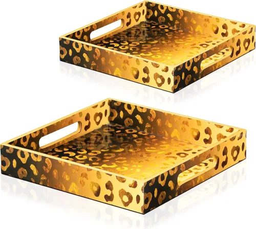 Vista 9 de Crocon Juego de 2 bandejas otomanas cuadradas de MDF, centros de mesa multiusos para comedor, bandejas decorativas para mesa de café, decoración