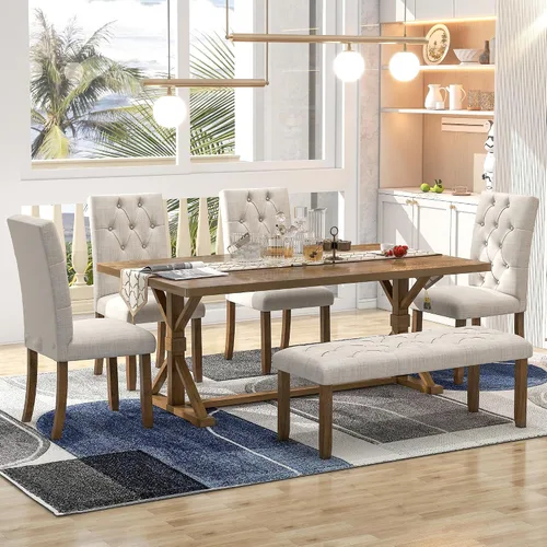 Vista 11 de Merax Juego de mesa de comedor extensible de 7 piezas para 6, mesa de cocina rectangular con 6 sillas tapizadas y respaldo curvado para comedor