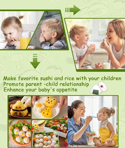 Vista 7 de Qivine Onigiri - Juego de moldes de arroz para niños, 21 moldes de arroz para niños, kit de máquina de musubi, agitador de moldes de bolas de arroz