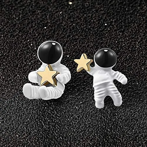 Vista 5 de 4 pares de aretes de astronauta asimétricos de astronauta, estrella y luna, aretes colgantes para mujer