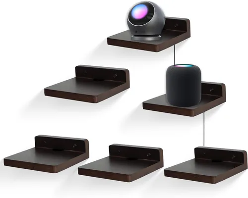 Vista 9 de Pequeño estante flotante para pared, juego de 2 estantes de pared de madera de 5 pulgadas, mini altavoces, monitor de bebé, cámaras, soporte de Negro