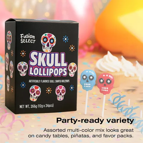 Vista 5 de Fusion Select 24 paletas de calavera de azúcar, dulces coloridos de Halloween y Día de los Muertos, golosinas novedosas envueltas individualmente