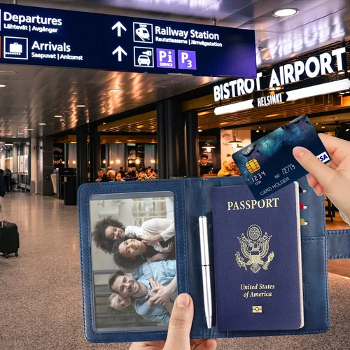 Vista 2 de RSAquar Combo de portatarjetas de pasaporte y vacunación, funda para pasaporte, funda de cuero para tarjetas, accesorios de viaje con bloqueo RFID