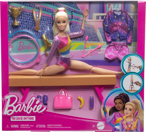 Vista 6 de Muñeca de gimnasia Barbie y accesorios, juego con muñeca rubia de moda, clip en C para acción de volteretas, barra de equilibrio, traje