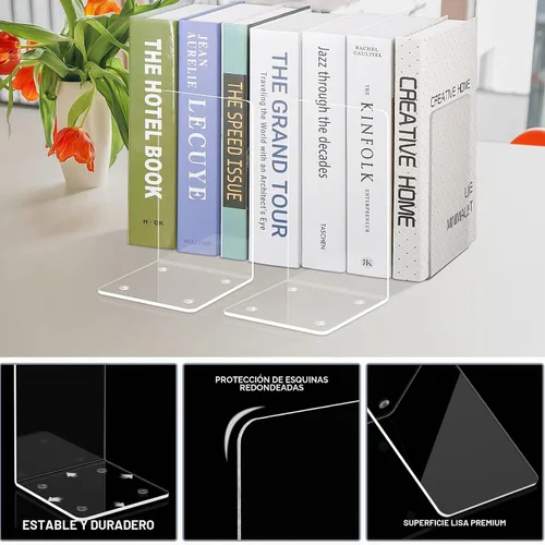 Vista 4 de Sujetalibros acrílicos de 2 piezas, extremos de libro VFINE para estantes, sujetalibros transparentes para estantes, decoración de libros