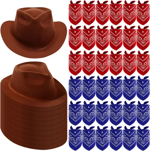 Vista 11 de Hillban 72 Piezas Juego de Sombrero de Vaquero del Oeste y Bandana de Paisley para Niños Sombreros de Fieltro de Vaquero para Favores de Fiesta