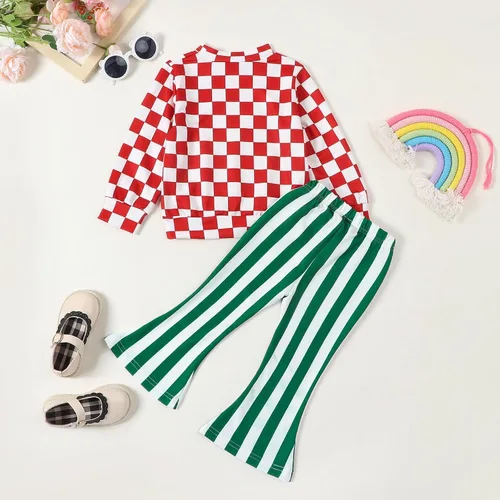Vista 2 de Conjunto de 2 piezas de ropa de Navidad para bebé niña con estampado de tablero de ajedrez + pantalones a rayas