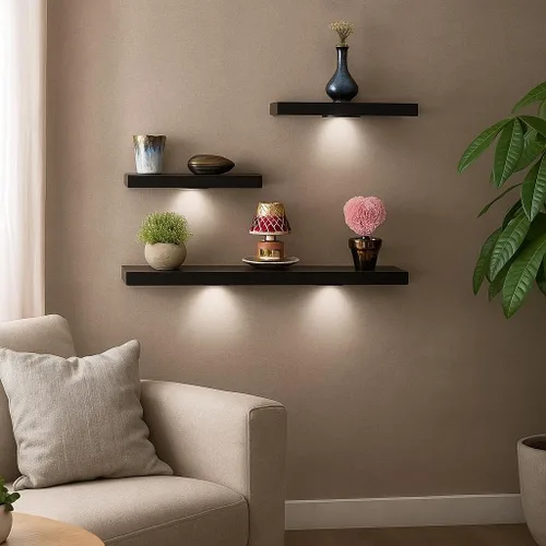 Vista 4 de SkyMall Estantes de pared flotantes de madera versátiles con luces LED - negro (juego de 3)