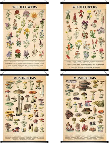 Vista 9 de Lewtemi Póster vintage de 4 piezas de arte de pared botánico de la naturaleza, flores silvestres, hojas, hierbas medicinales, árboles, póster